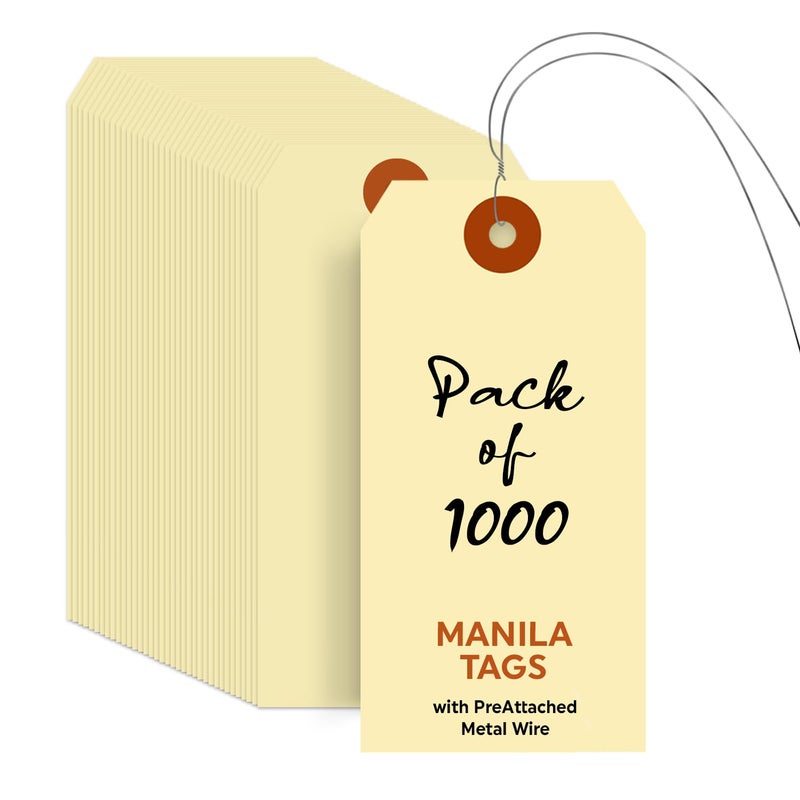 SmartSign Blank Manila Shipping Tags with Wire - Pack of 1000, Size-5, 13pt Thick Prewired Cardstock Tag, 4 3/4" x 2 3/8" Paper Hang Tags with Reinforced Fiber Patch - Image 1
